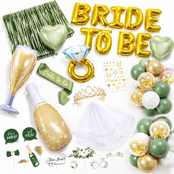 Green Sage Bachelorette Party Decoration Kit with Sash, Veil, Crown and Photo Props