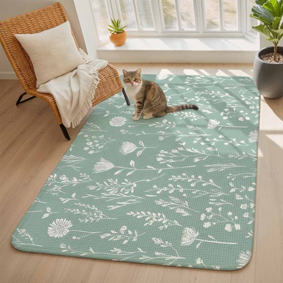 Green Sage Leaves Area Rugs for Living Room 5x7, Boho Floral Leaf Washable Area Rug with Non Slip Backing, Stain Resist Linen Carpet for Bedroom, Dining Room, Entryway, Entrance