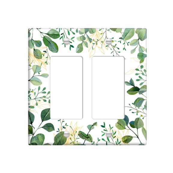 Green Sage Leaves Outlet Wall Plates, 2 Gang Rocker Double Light Switch Cover Plate, Vintage Decorative Faceplate Switchplate, GFCI Electrical Wall Panels for Bathroom Bedroom Kitchen Decor