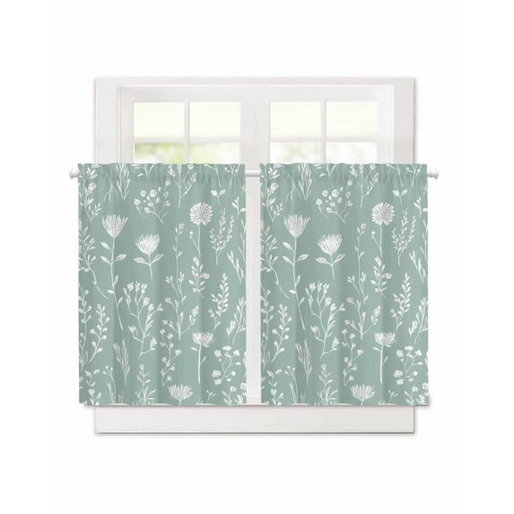 Green Sage Leaves Short Blackout Curtains 36 Inch Long Boho Floral Leaf Rod Pocket Kitchen Curtains, 2 Panels Thermal Insulated Room Darkening Drapes for Bedroom, 30"W x 36"L