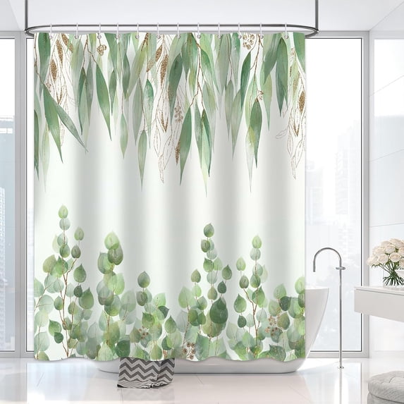 Green Sage Leaves Shower Curtain,Watercolor Spring Eucalyptus Plant Leaves Shower Curtain Set Waterproof Bathtub Curtain Home Decor with 12 Hooks,72x72 inches