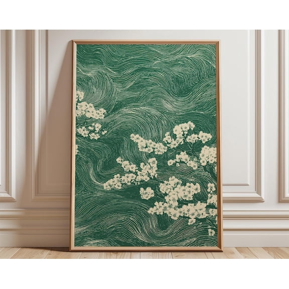 Green Sakura Wind Swirl Wall Art Print, Unframed Paper Poster 8x10in