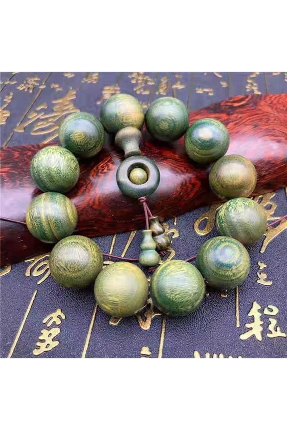 Green Sandalwood 20mm 12 Beads Bracelet Unisex Buddhist Prayer Jewelry Wood Spiritual Wrist Mala for Meditation