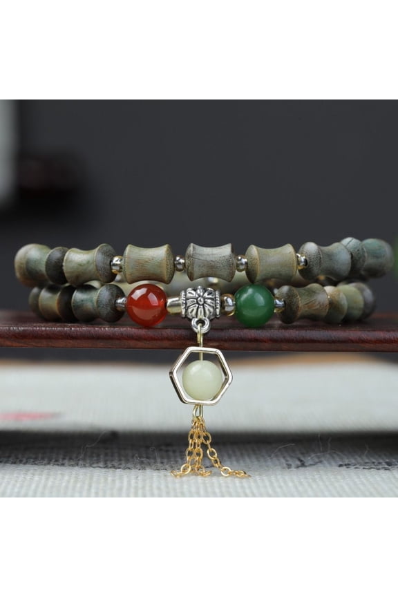 Green Sandalwood Bracelet Bamboo Joint Design Wood Bead Bracelet Natural Wooden Jewelry Unisex Retro Style Meditation Gift