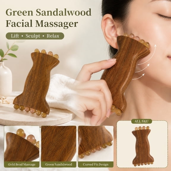 Green Sandalwood Gua Sha Facial Massager with 20 Gold Beads, Meridian Massage Tool for Face Lifting, Jawline Sculpting and Muscle Relaxation