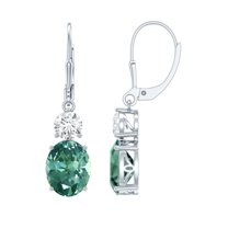 Green Sapphire Drop Earrings with Moissanite, 8X10 mm Oval Lab Grown Sapphire AAAA Grade, 10K White Gold