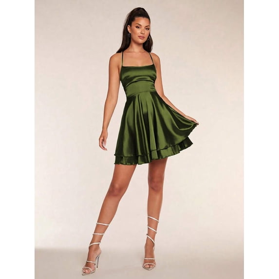 Green Satin Mini Dress With Spaghetti Straps And Tiered Flared Hem