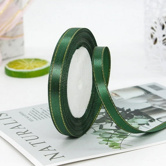 Green Satin Ribbon with Gold Edge, 3/8” Polyester Continuous Ribbon -25 Yards,Wide Ribbon for Gift Wrapping,Wedding,Bows Bouquet,Floral Arrangement and Craft