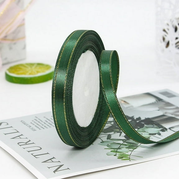 Green Satin Ribbon with Gold Edge, 3/8” Polyester Continuous Ribbon -25 Yards,Wide Ribbon for Gift Wrapping,Wedding,Bows Bouquet,Floral Arrangement and Craft