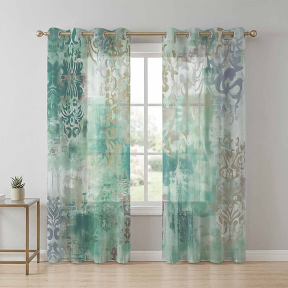 Green Satin Texture Sheer Curtains 96 Inch Long 2 Panels, Retro Abstract Yellow Blue Ethnicity Texture Light Filtering Semi Sheer Drapes Grommet Voile Window Curtain for Living Bedroom W52 x L96