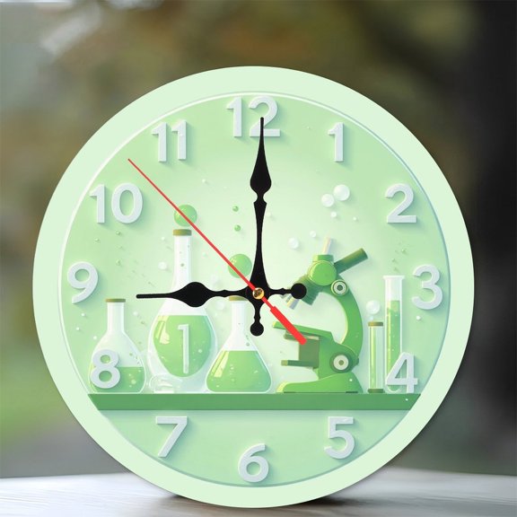 Green Science Lab Clock Wall Decor 10-Inch Silent Wooden Wall Clock, Battery Operated (AA Batteries Not Included), Artistic Home Decor