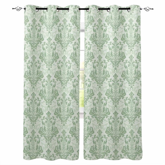 Green Scroll Floral Blackout Curtains for Bedroom Living Room Darkening Curtains 63 Inches Long Baroque Damask Medallion Pattern Window Curtain 2 Panels Set Window Treatment Grommet Drapes 42"x63"