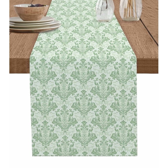 Green Scroll Floral Burlap Cotton Table Runner 13x36 Inches Short, Baroque Damask Medallion Pattern Farmhouse Table Runners, Outdoor Dining Tablecloths Decor for Baby Shower/Party/Wedding