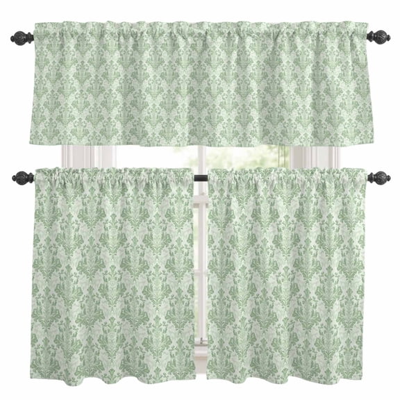 Green Scroll Floral Kitchen Curtains Sets for Windows 24 Inch Length, Baroque Damask Medallion Pattern Rod Pocket Window Treatments Tier Curtains and Valances Set for Bedroom/Bathroom