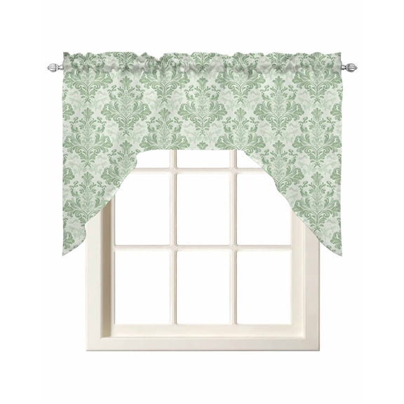 Green Scroll Floral Swag Curtains for Kitchen Baroque Damask Medallion Pattern Valances for Windows Rod Pocket Small Window Treatment Short Topper for Cafe Bedroom Bathroom Decor 56x36 Inch