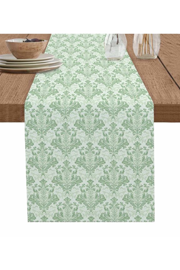 Green Scroll Floral Table Runner 48 Inches, Baroque Damask Medallion Pattern Bed Runner Dresser Scarves Tabletop for Indoor Outdoor Parties/Ceremony/Banquet, 13" x 48"