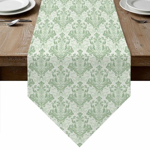 Green Scroll Floral Table Runner Linen Burlap Table Runner 108 Inches Long Baroque Damask Medallion Pattern Dresser Scarves for Kitchen Island Coffee Dining Party Wedding Holiday Decor 13"x108"