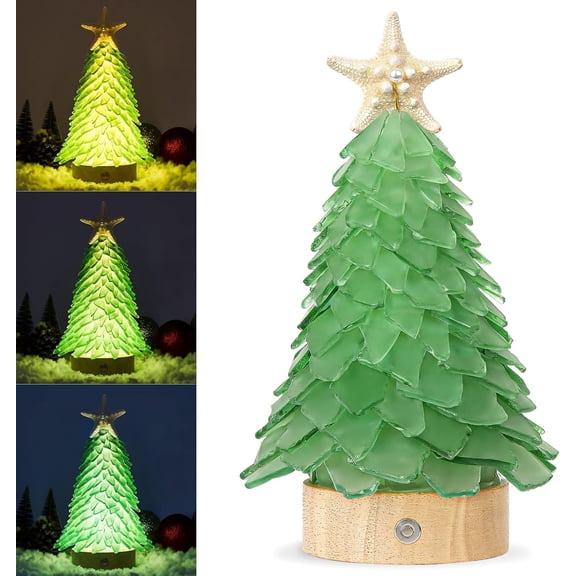 Green Sea Glass Christmas Tree - Handcrafted Mini Christmas Tree with 3-Color LED Lights, Table Centerpiece - Ideal for Christmas, Year, Decor, Coastal Holiday Decor and