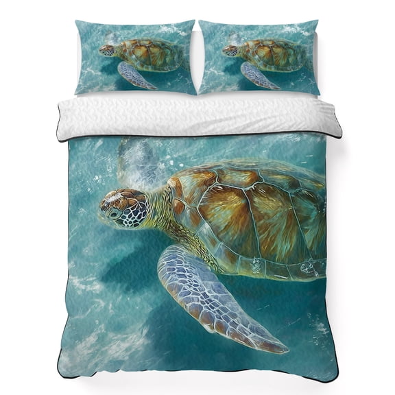 Green Sea Turtle 3 Piece Quilt Bedding Set with 2 Pillow Shams, Coastal Animals Ocean Summer Lightweight Bedspread Coverlet, Soft Breathable All Season Quilt, 79 x 90 Inch
