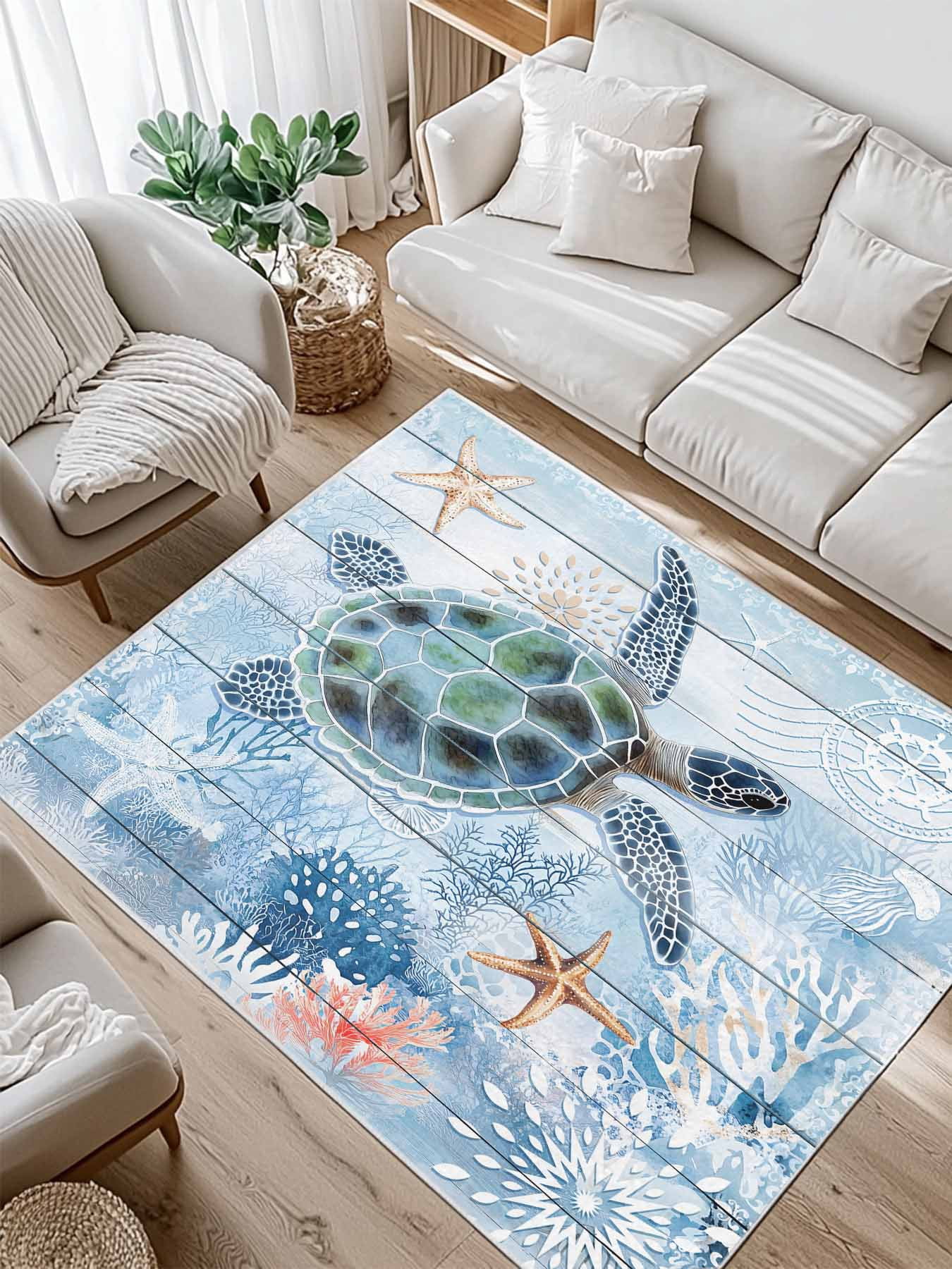 Green Sea Turtle Area Rug for Bedroom 3x5 Ft Ocean Coral Starfish ...