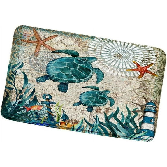 Green Sea Turtle Bath Mats Blue Marine Life Bathroom Rugs Vintage Nautical Map Lighthouse Anchor Coral Reef Ocean Beach Soft Absorbent Flannel Shower Floor Carpet Non-Slip Backing 16x24 Inch