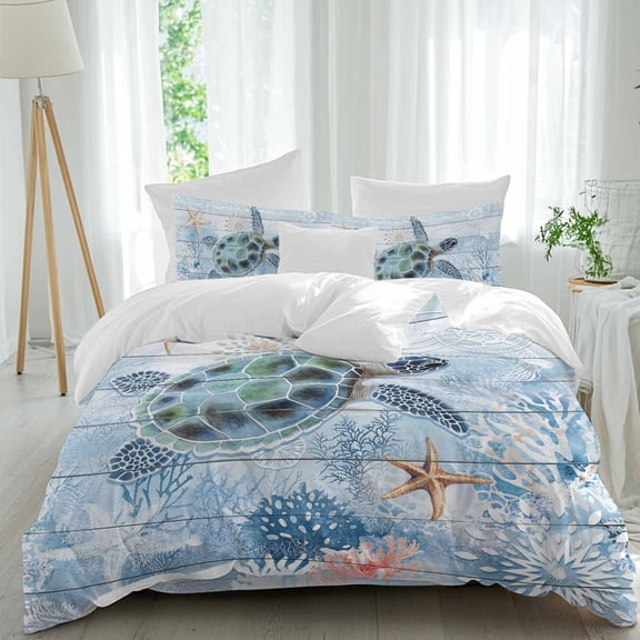 Green Sea Turtle Comforter Set Full Size, Ocean Coral Starfish Vintage Blue Plank Soft Bedding Set for Man Woman, 4 Pieces Duvet Cover Set with Fitted Sheet, 2 Pillowcases