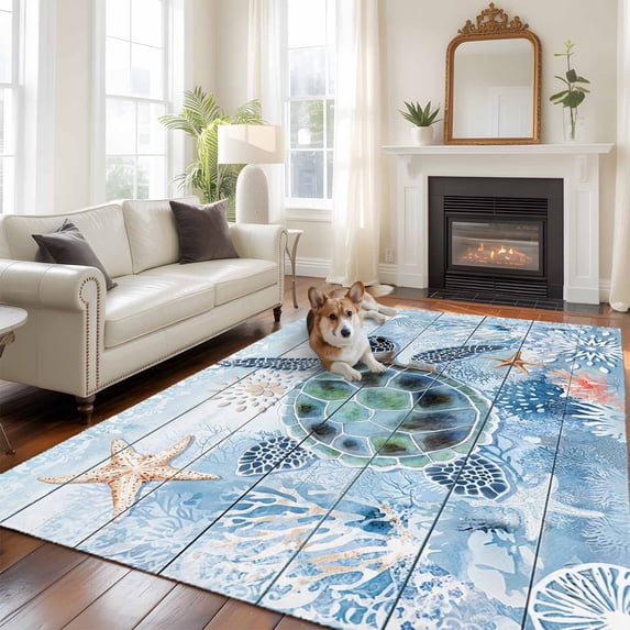 Green Sea Turtle Large Area Rugs 5x8 ft Ocean Coral Starfish Vintage Blue Plank Washable Rug Non Slip Indoor Carpet Absorbent Floor Mat for Living Room Bedroom Dining Room