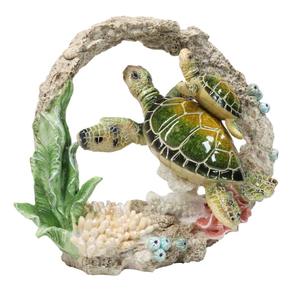 Green Sea Turtle Mother and Hatchling Swimming by Coral Reef Overhang Figurine