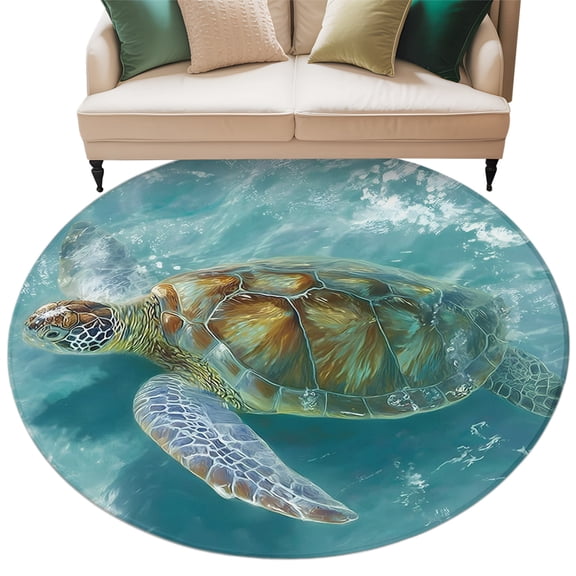 Green Sea Turtle Round Living Room Rugs 6 ft, Coastal Animals Ocean Summer Washable Area Rug with Non-Slip Sturdy Edge Binding Round Carpet for Kitchen Office Bedroom