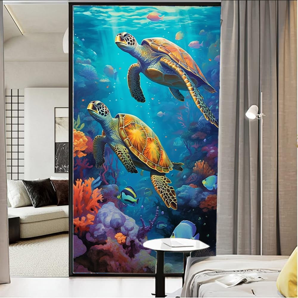 Green Sea Turtle Stained Glass Window Film Under The Ocean Gloss Marine Life Privacy Window Film