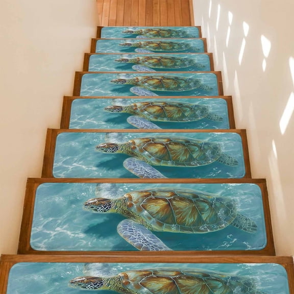 Green Sea Turtle Stair Treads Non Slip for Steps Coastal Ocean Summer 4 Pcs Reusable Adhesive Stair Runner Mats for Dogs Elders Carpet Treads Rugs for Staircase 8x30 In