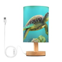 Green Sea Turtle in Ocean Bedside Table Lamp LED Warm Lights with USB Charging Port Retro Cylinder Desk Lamps