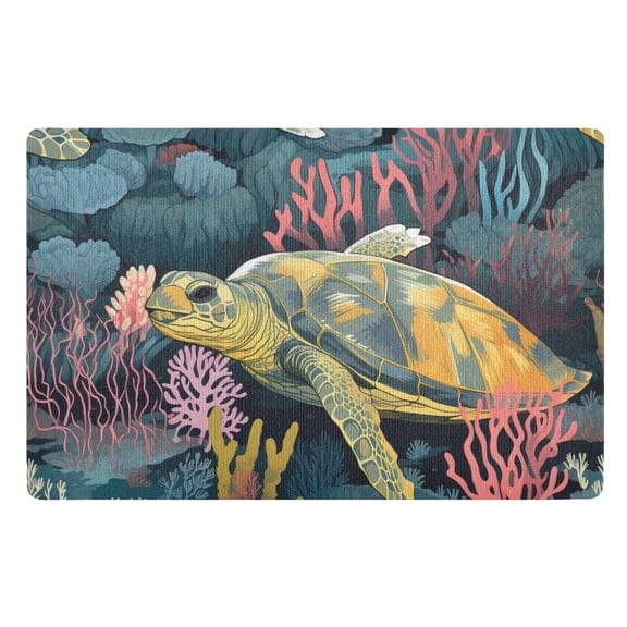 Green Sea Turtle in The Sea Floor Door Mat Outdoor Indoor for Home Entrance Welcome Mats 32"x20"