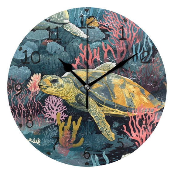 Green Sea Turtle in The Sea Round Wall Clock Silent Battery Operated Home Decor for Living Room Bedroom