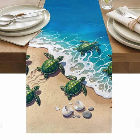 Green Sea Turtles Cotton Linen Table Runner Ocean Life Starfish Beach Coastal Nature Dining Table Runners for Home Decor Party Dining Room Restaurant Kitchen Party 13" x 60"