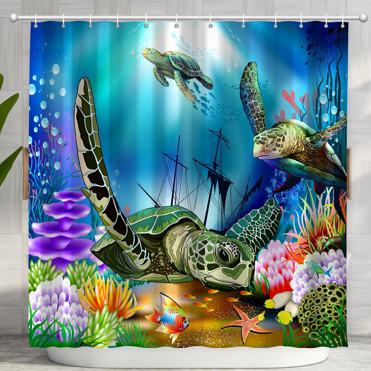 Green Sea Turtles Shower Curtain Sets Bathroom Blue Ocean Beach Home  Bathtub Decor with 12 Hooks Washable Durable Polyester Fabric 72x72