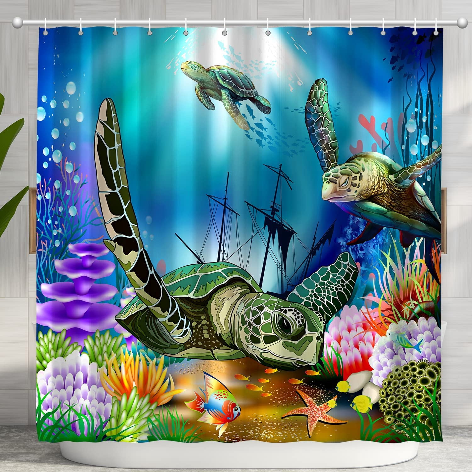 Green Sea Turtles Shower Curtain Sets Bathroom Blue Ocean Beach Home Bathtub Decor with 12 Hooks Washable Durable Polyester Fabric 72"x72"