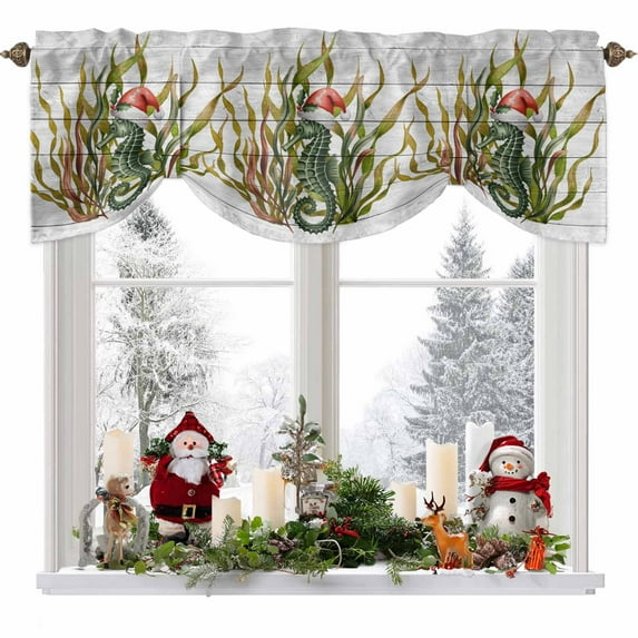 Green Seahorse Tie Up Valances Curtain, Seaweed Watercolor White Wood Grain Winter Adjustable Rod Pocket Short Window Treatment Tie Up Curtains Valances for Kitchen Living Room Bathroom 42x12 Inches