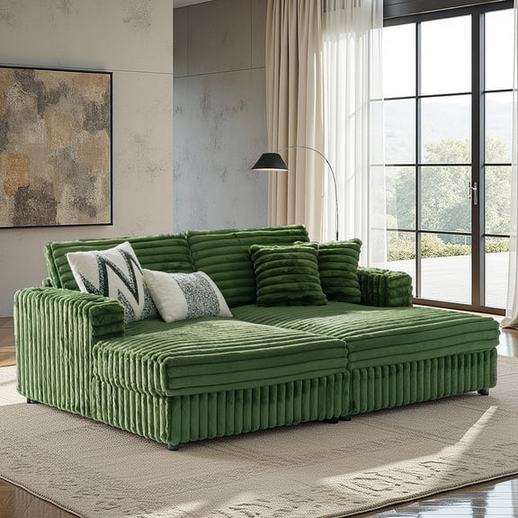 Green Sectional Sofa with Modern Wide Channel Tufting, Plush Faux Rabbit Fur for Lounge, Nap, and Family Room