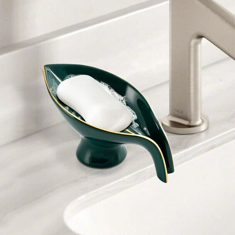 Green Self Draining Soap Dish Holder Leaf Shape Bathroom Ceramic Soap Dish  Holder