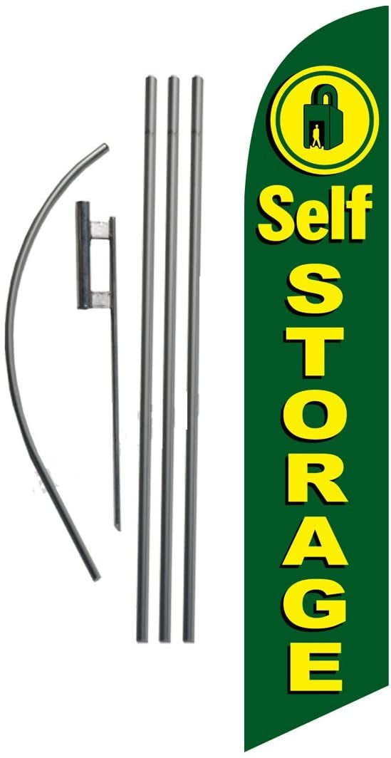 Green Self Storage Advertising Feather Banner Swooper Flag Sign with Flag Pole Kit and Ground Stake