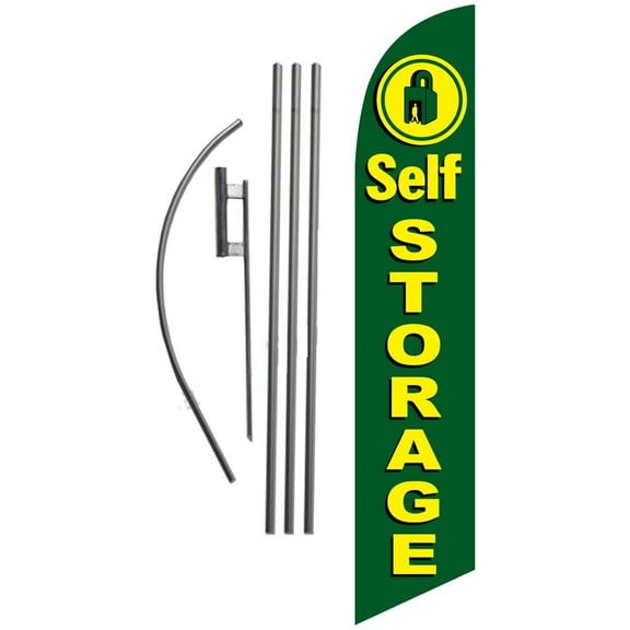 Green Self Storage Advertising Feather Banner Swooper Flag Sign with Flag Pole Kit and Ground Stake
