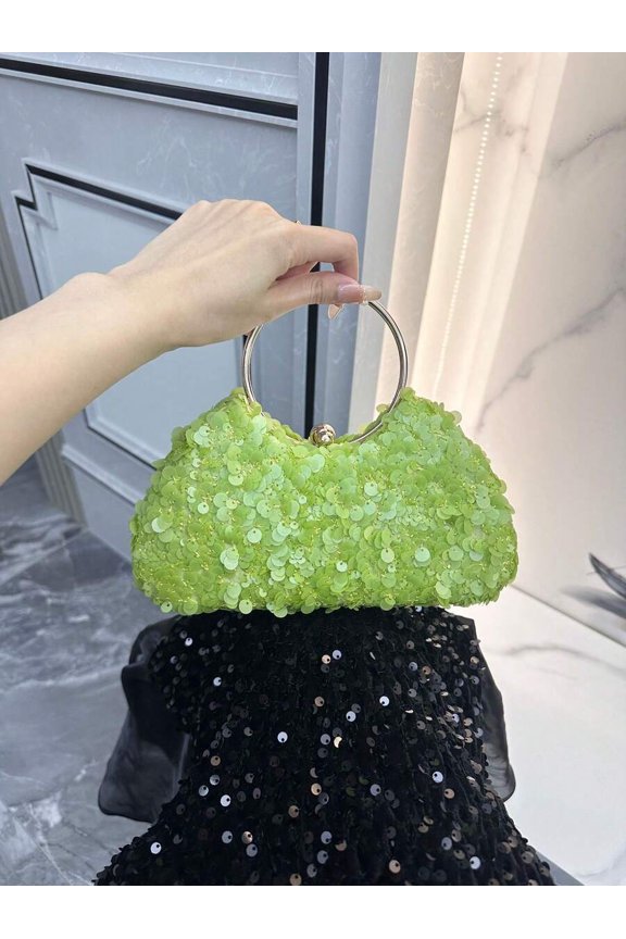 Green Sequin Cloud Clutch With Metal Ring Handle Evening Bag