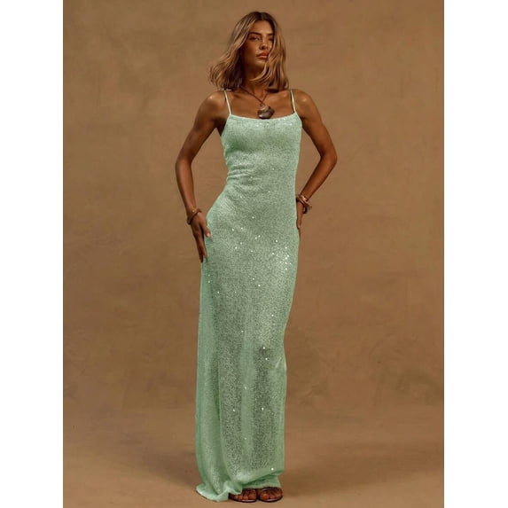 Green Sequin Knit Spaghetti Strap Fitted Maxi Dress For Holiday Spring Summer Beach Wedding Guest Elegant Night Out