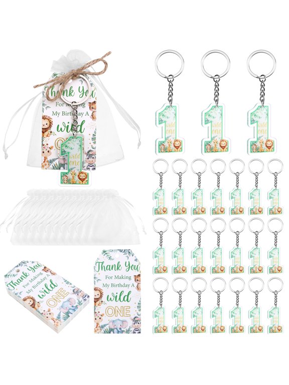 Green Series Wildlife 1st Birthday Key Chain Set, 24pcs Safari Animal Acrylic Party Favors with Thank You Cards and Organza Bags, Double Sided Printed Keepsakes for Wild One Celebration Table Gifts
