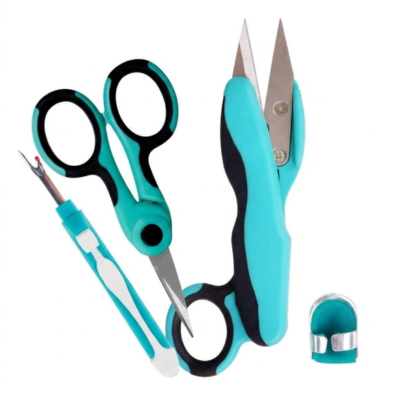 Green Sewing Tool Kit with Steel Snips,Scissors,and Seam Ripper,Three-Piece Set including 5" Snips,4.5" Scissors,and Grip Ripper,plus Thimble for Embroidery, Removal, Handicraft, and Home Tailoring