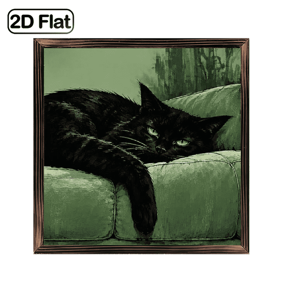 Green Shadow Illustration of Black Cat Theme Design Decorative Sign Plaque-Rustic Style Wood Frame - Farmhouse Decor for Home, Cafe, Office, Garden