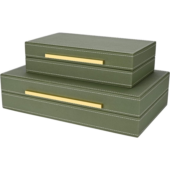 Green Shagreen Faux Leather Decorative Storage Boxes Set of 2 with Lids