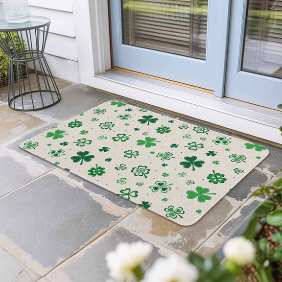 Green Shamrock Door Mat Indoor Outdoor, St. Patrick's Day Clover Leaves Non Slip Welcome Mat with Rubber Backing, Absorbent Fabric Front Door Mats Entryway Rug for Home Patio Entrance 24"x36"