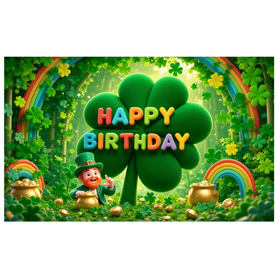 Green Shamrock Happy Birthday Banner with Rainbow Decoration for St Patrick's Day Celebration Party Photo Background